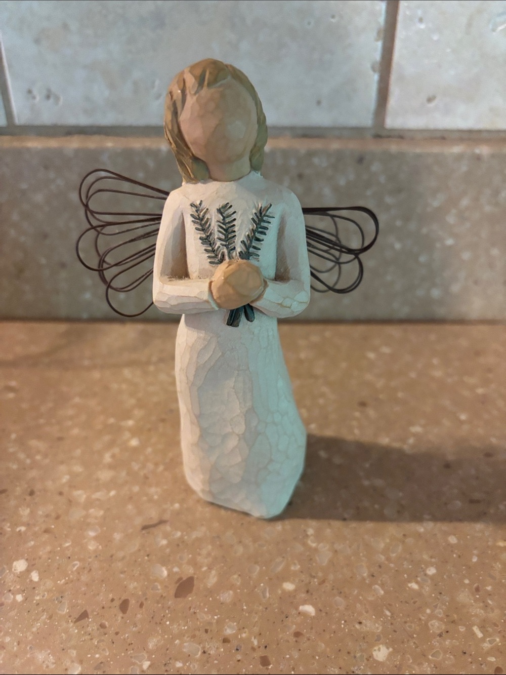 Hand-Painted Angel Figurine with Wire Wings - White & Beige